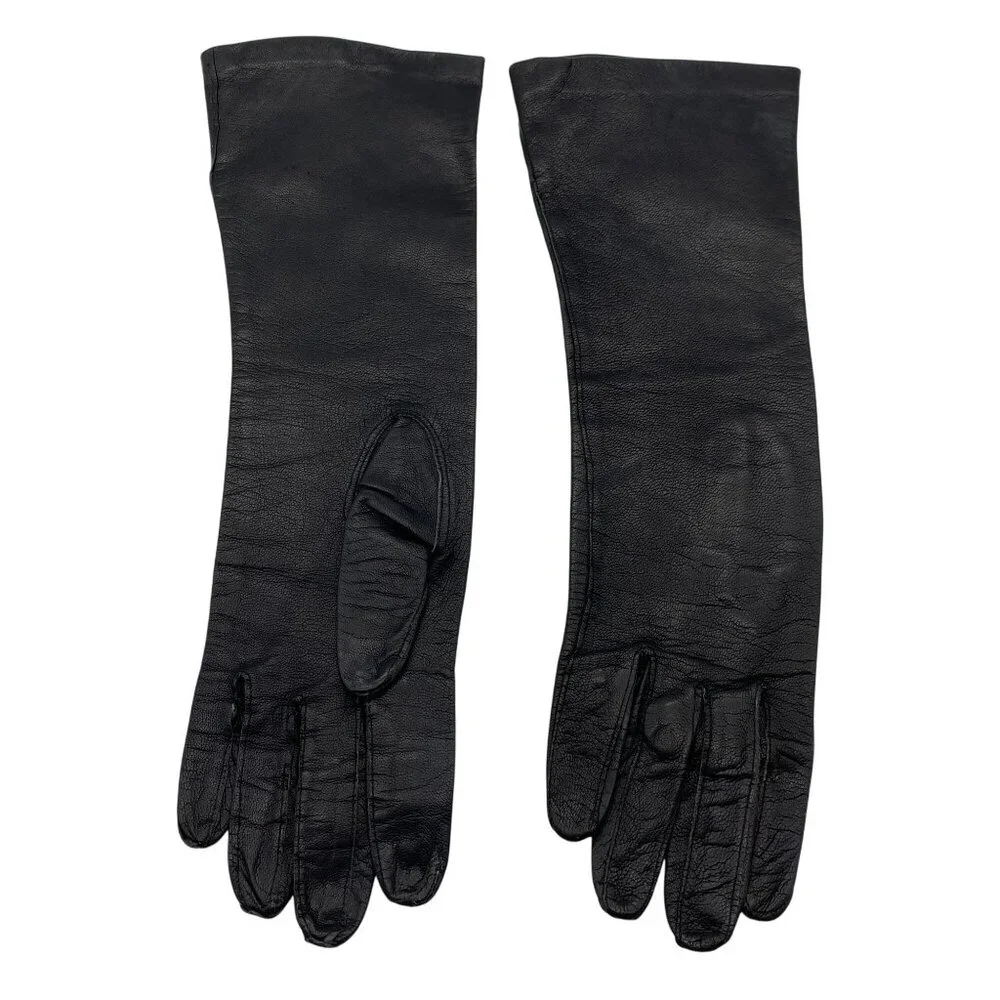 Vintage womens leather mid length gloves size 37 black soft supple driving
